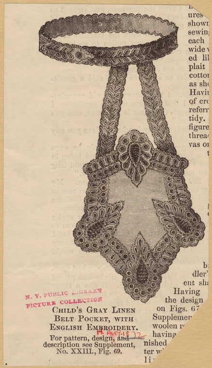 Child's gray linen belt pocket, with English embroidery