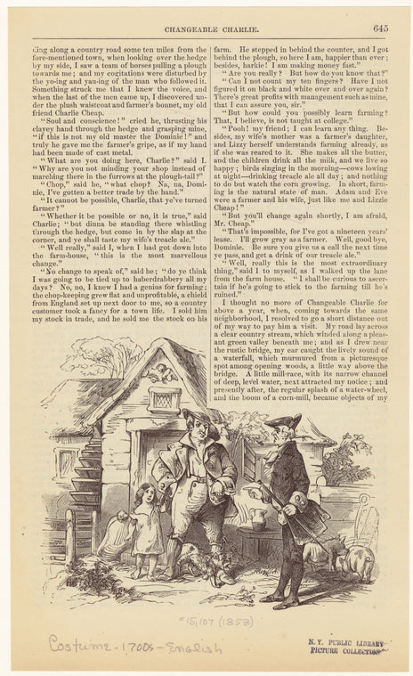 Man with child standing outside of a house greeting a visitor, England, 18th century