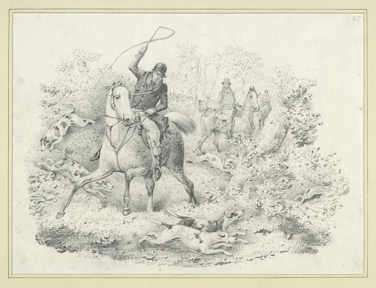 Hunters, riders (one brandishing a whip) and hounds chasing a rabbit