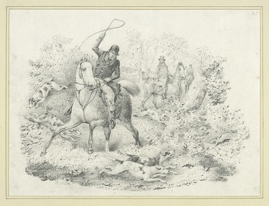 Hunters, riders (one brandishing a whip) and hounds chasing a rabbit