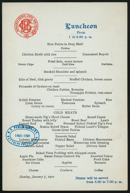 LUNCHEON [held by] BROADWAY CENTRAL HOTEL [at] "NEW YORK, NY" (HOTEL;)