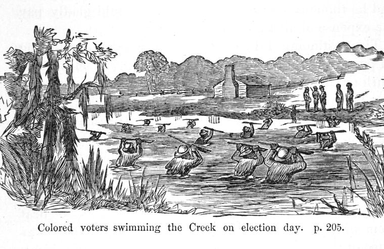 Colored voters swimming the Creek on election day.