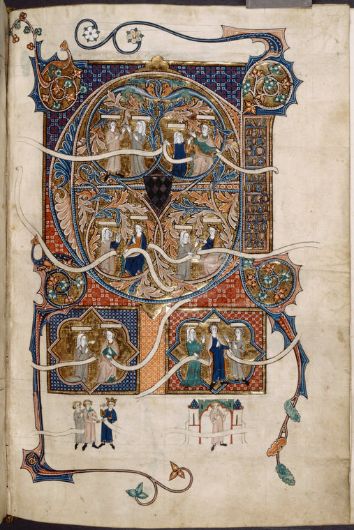 Full-page initial E of Psalm 80, showing scenes from 2 Samuel 14. At the foot of the columns, bas-de-page scenes (lacking ground lines). Scrolls missing text