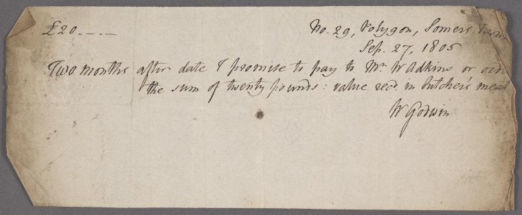 Autograph promissory note signed to W. Adkins, 27 September 1805