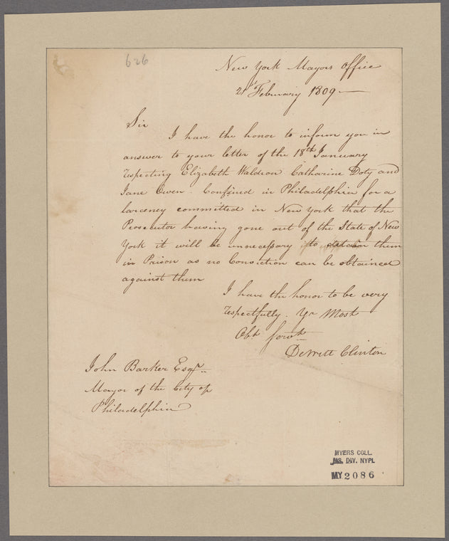 Clinton, Dewitt. Mayors Office, New York. To John Barker