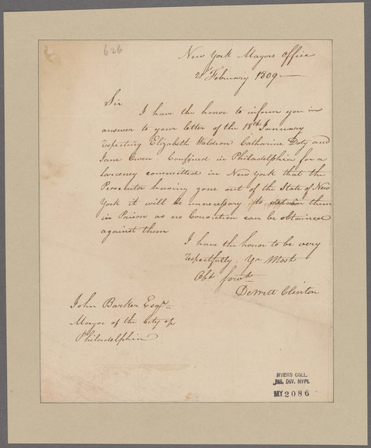 Clinton, Dewitt. Mayors Office, New York. To John Barker