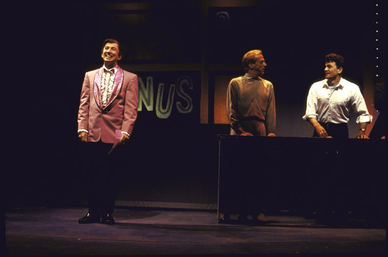 Actors (L-R) Patrick Kerr, Edward Hibbert & John Michael Higgins in a scene fr. the WPA Theatre's production of the play "Jeffrey." (New York)
