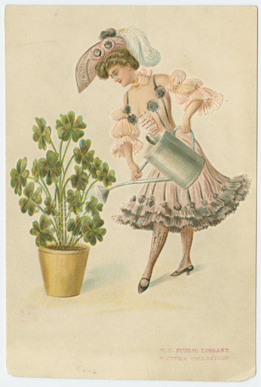 Lady watering shamrocks.