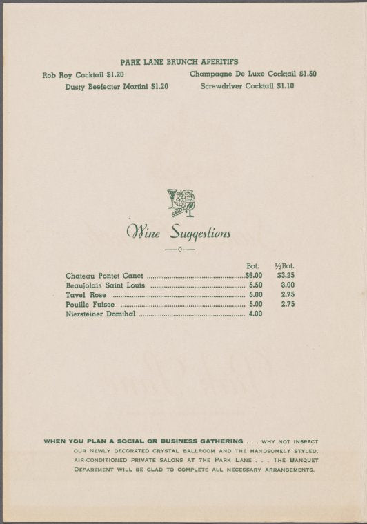 Sunday Christmas brunch menu, Park Lane