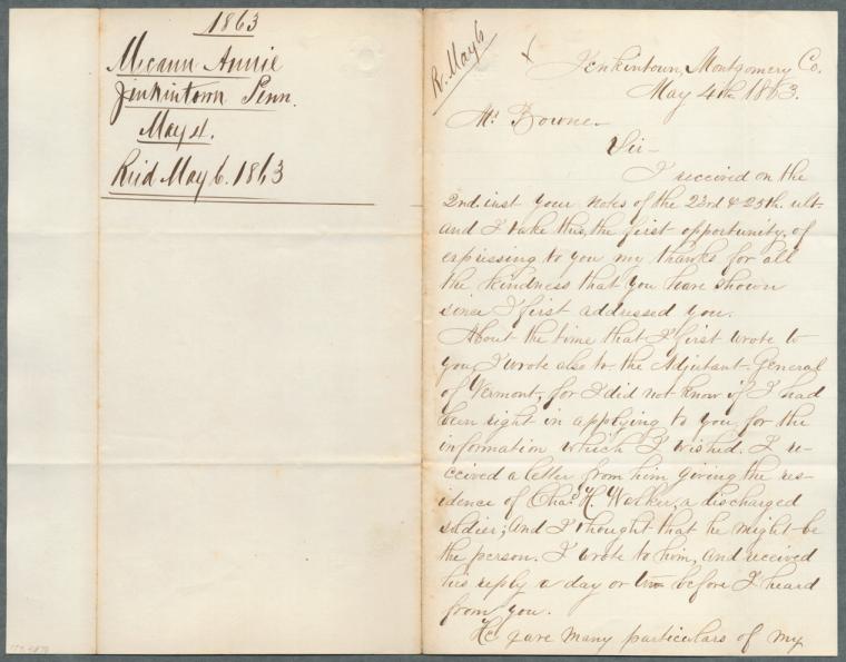 Letter of inquiry by Annie MeCann to John Bowne, May 4, 1863, for George Henry Mecann, 95 PA Infantry, Co. I