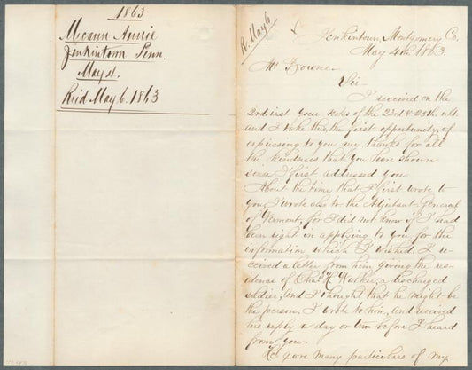 Letter of inquiry by Annie MeCann to John Bowne, May 4, 1863, for George Henry Mecann, 95 PA Infantry, Co. I