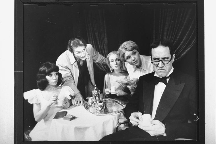 (2L-R) Edmond Genest, Carrie Nye, Jane Connell and Remak Ramsay in a scene from the off-Broadway production of the play "The Real Inspector Hound"