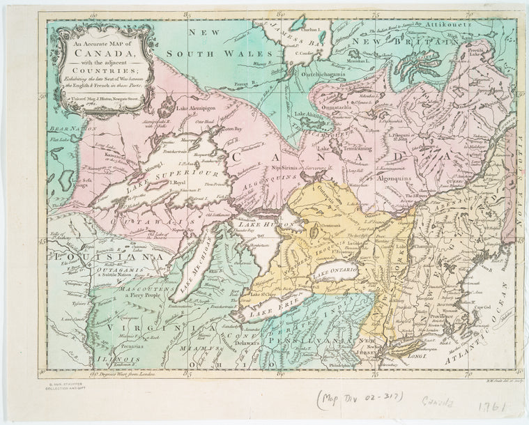 An accurate map of Canada, with the adjacent countries: exhibiting the late seat of war between the English & French in those parts