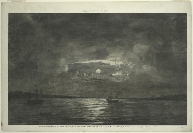 An original sketch by an English officer on board one of Adml. Howe's fleet, while at anchor in the Lower Bay, previous to landing on Long Island at Graves-End