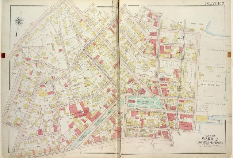 Plate 7, Part of Ward 2 [Map bound by St. Pauls Ave, Beach St, Jackson St, Van Duzer St (Richmond RD), Sands St, Wave St, Front St, Thompson St, Bay St, Broad St, Gordon St, Purroy St (Elm), Targee St]