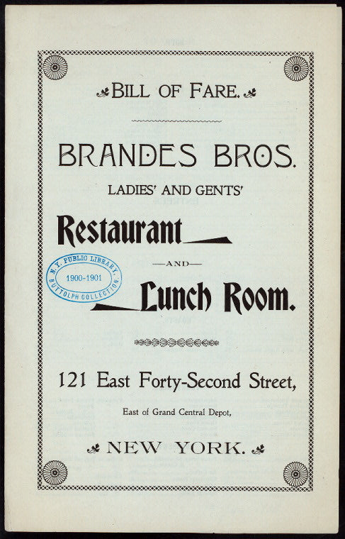 DAILY BILL OF FARE; [held by] BRANDES BROS. LADIES' AND GENTS' RESTAURANT AND LUNCH ROOM; [at] "121 EAST FORTY-SECOND STREET, NEW YORK, [NY];" (REST;)