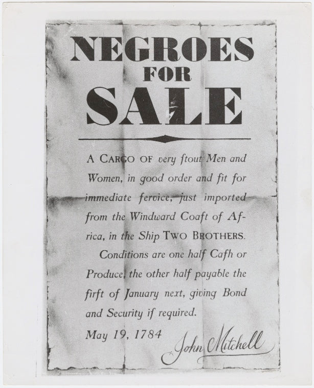 Negroes for Sale: Broadside advertising sale of shipment of slaves
