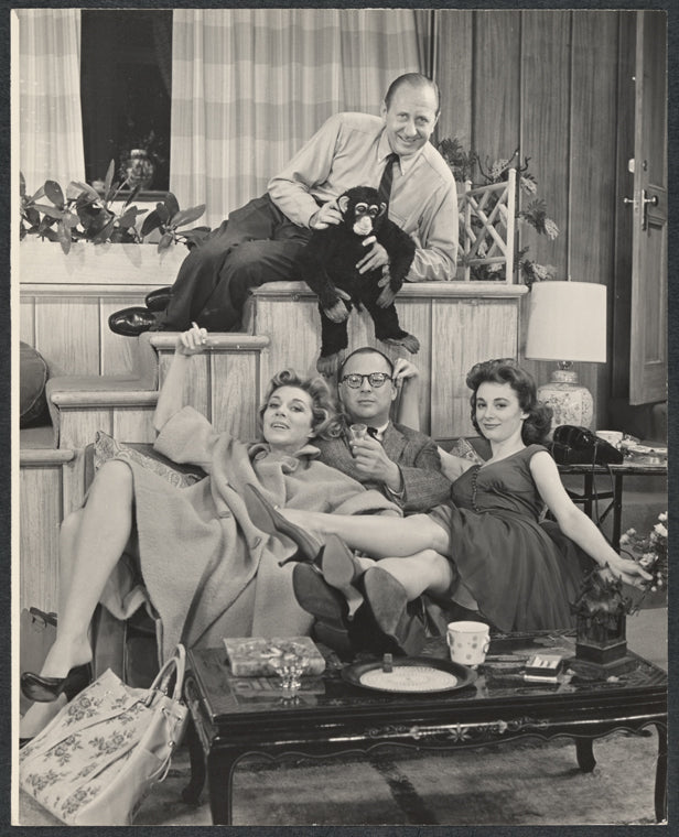 Frederick Brisson [seated above], Nan Martin, Lawrence Roman and Sandra Church in publicity photo for the stage production Under the Yum-Yum Tree