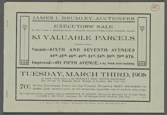 Executor's Sale by order of Chas. A. McInerney and Jos. P. Mulqueen, Executors of the Estate of Mary McInerney, Deceased. 83 valuable Parcels