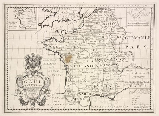 A new map of ancient Gaul or Gallia Transalpina, shewing the divisions thereof by Augustus Cæsar together with its principal people, cities, townes, rivers, mountains &c.
