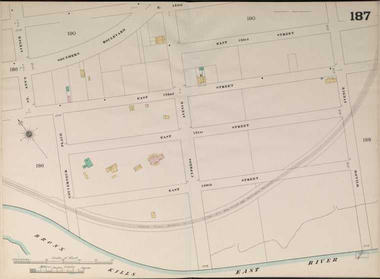 Bronx, V. 9, Double Page Plate No. 187 [Map bounded by Southern Blvd., East 133rd St., illow Ave., Bronx Kills, St. Ann's Ave.]
