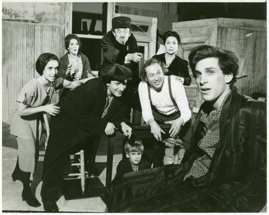 Nancy Franklin, Carol Teitel, David Margulies, Shimen Rushkin, Stefan Gierasch, Paula Laurence, Tony Schwab, amd Timmy Michaels (under table) in the stage production Seven Days of Mourning