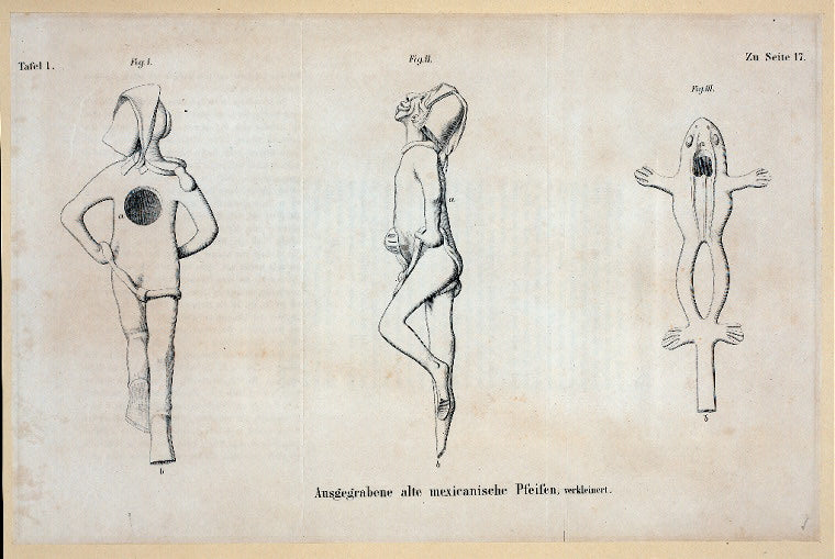Three views of Mexican pipes, one in shape of human, one in shape of frog