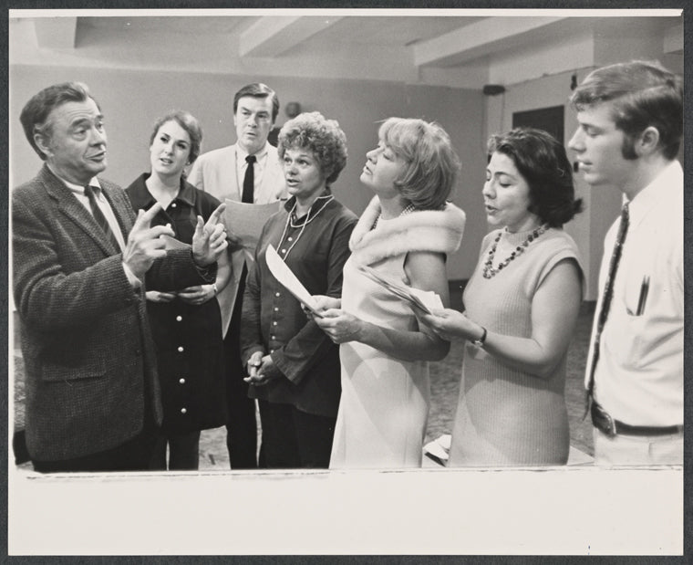 John Beal, Estelle Parsons, Jo Van Fleet and unidentified others in rehearsal for the 1968 stage production of The Front Page