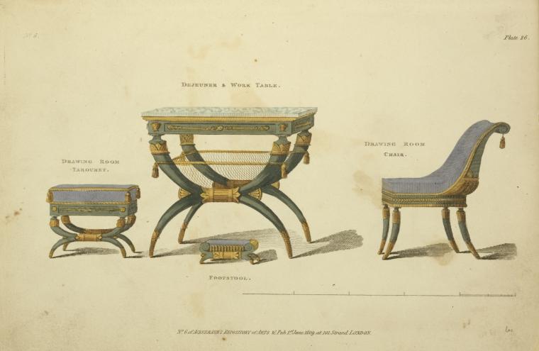 Drawing room tabouret. Dejuener and work table. Footstool. Drawing room chair.