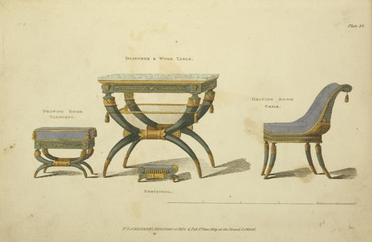 Drawing room tabouret. Dejuener and work table. Footstool. Drawing room chair.