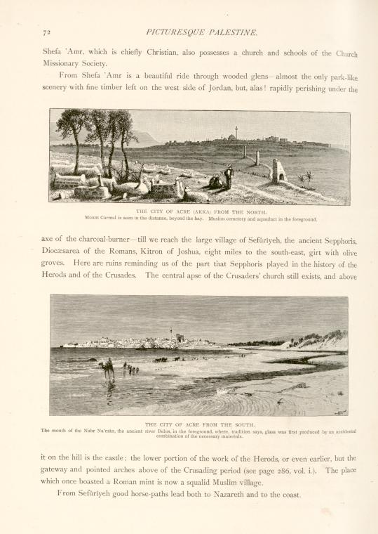 The city of Acre from the south.  The mount of the Nahr Na'mân, the ancient river Belus, in the foreground, where, tradition says, glass was first produced by an accidental combination of the necessary materials.