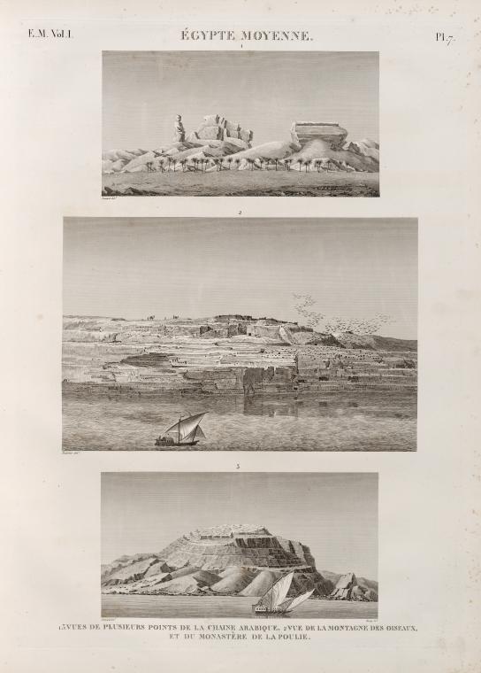 Égypte Moyenne. 1.3. Vues de plusieurs points de la Chaine Arabique; 2. Vue de la montagne des oiseaux, et du monastère de la poulie.