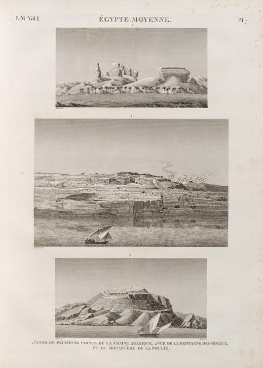 Égypte Moyenne. 1.3. Vues de plusieurs points de la Chaine Arabique; 2. Vue de la montagne des oiseaux, et du monastère de la poulie.