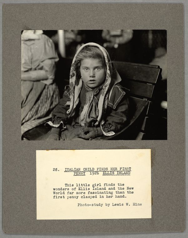 Italian child finds her first penny, 1926, Ellis Island