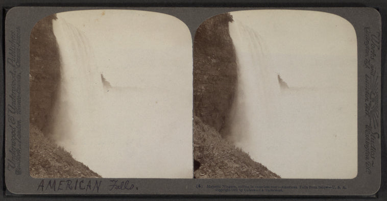 Majestic Niagara, rolling in senseless roar. American Falls from below.