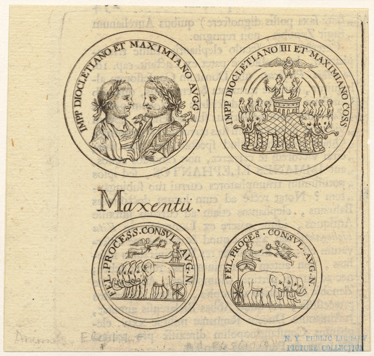 Coins with designs of elephants and Roman emperors