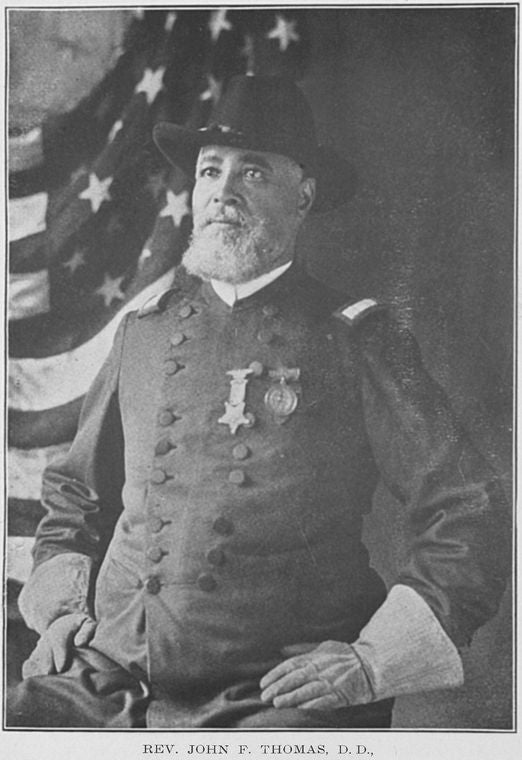 Rev. John F. Thomas, D.D.; Ex-Chaplain 8th Regiment I. N. G.; Pastor of Ebenezer Baptist Church; Oldest preacher in the city of Chicago.