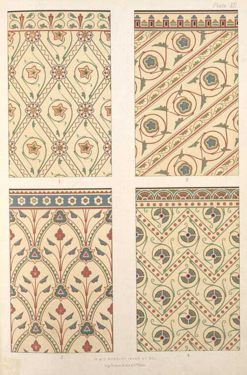 Diaper patterns, in rich colours....