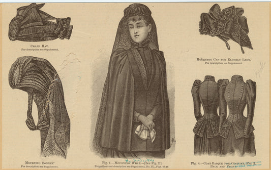 Crêpe hat ; Mourning bonnet ; Mourning wrap ; Mourning cap for elderly lady ; Coat-basque for costume, back and front