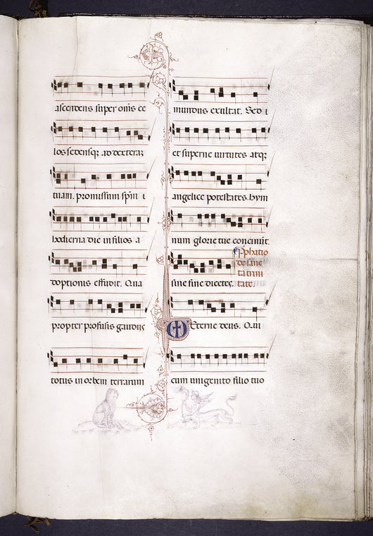 Page of text and music, rubric, initial with penwork and penwork drawings of animal and grotesque