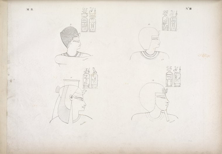Fig. 9.Amenôf II [Amenhotep II]. Fig. 10. Thutmes V [Thutmose IV]. Fig. 11. Mutemwa. Fig. 12. Amenôf III [Amenhotep III].