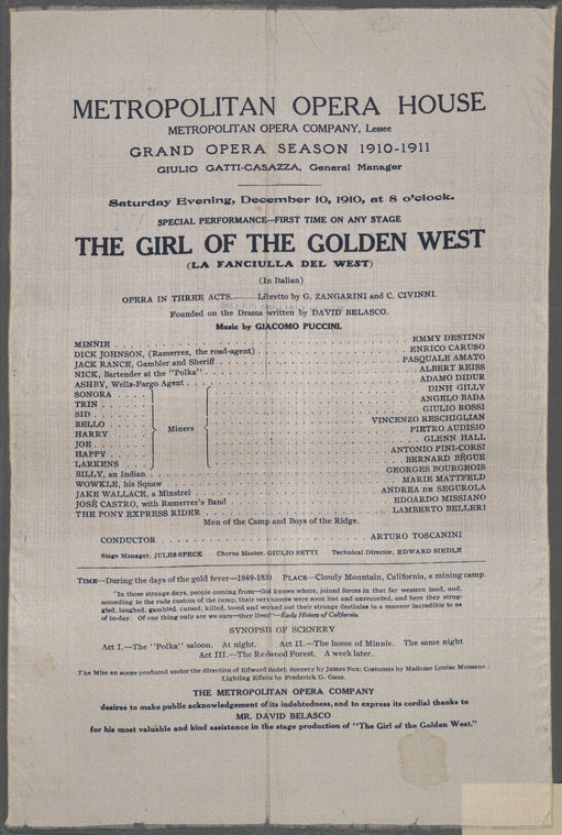 Metropolitan Opera House program, for The Girl of the Golden West