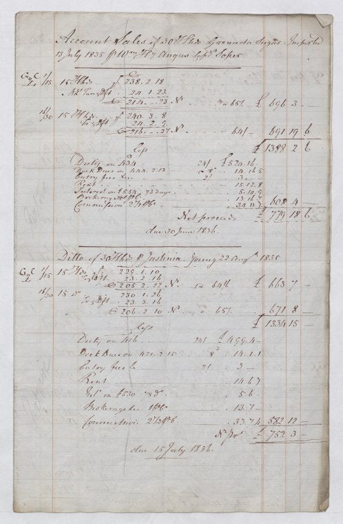 Account sales of thirty sugar imported July 13, 1835