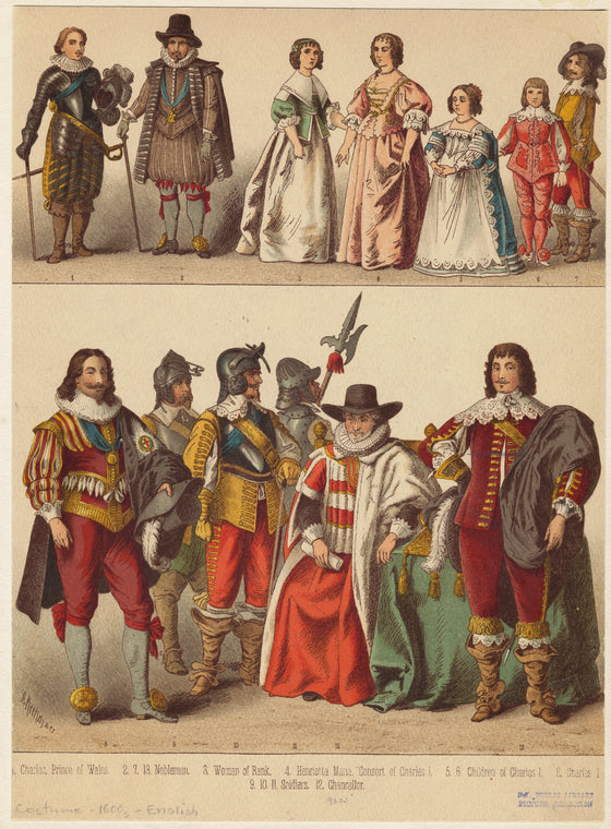 Charles I, his consort and children, with noble men and women ; Charles I with soldiers and chancellor