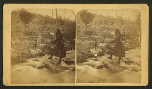 Mocassin Bill's daughter [woman wearing short buckskin dress and sword and holding rifle standing on a rock in a creek or river, dog waiting on bank.]