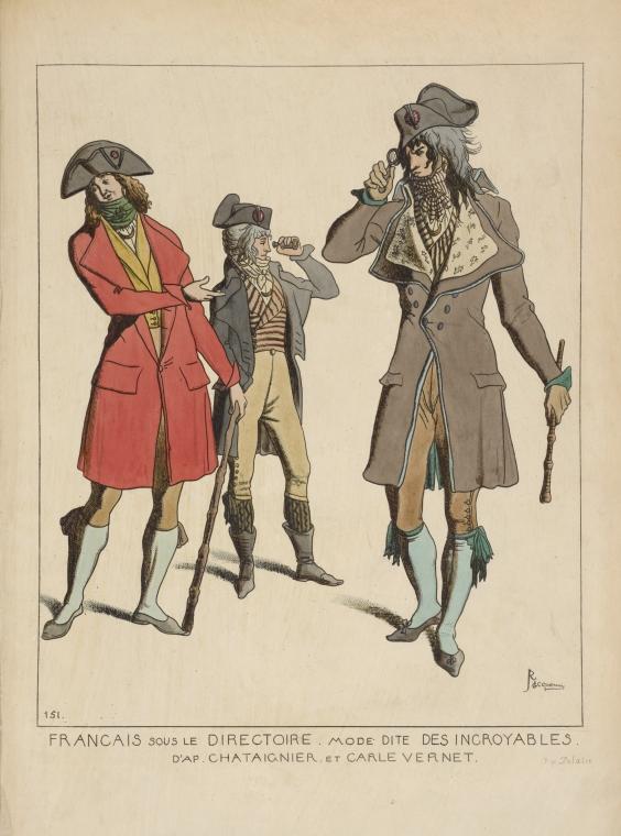 Francais sous le directoire. Mode dite des incroyables. D'ap[rès] Chataignier, et Carle Vernet.