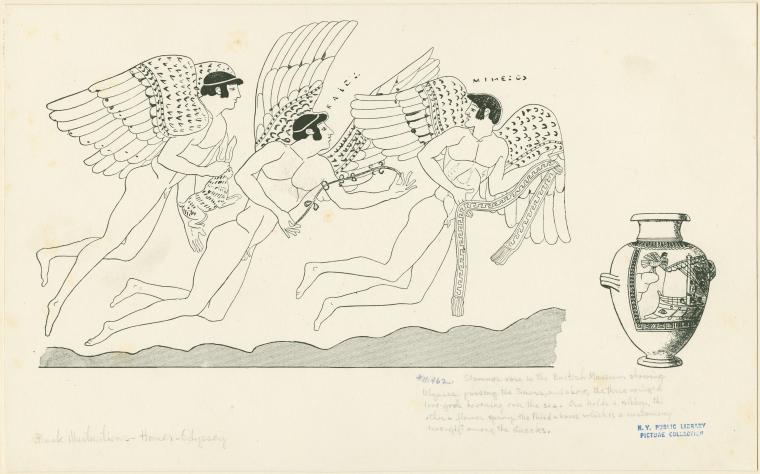 Three winged love gods hovering over the sea