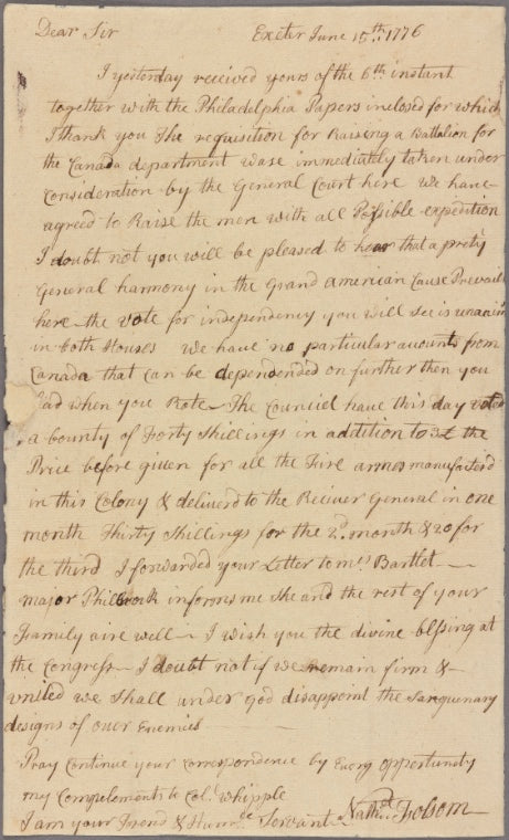 Letter to Josiah Bartlett, Philadelphia