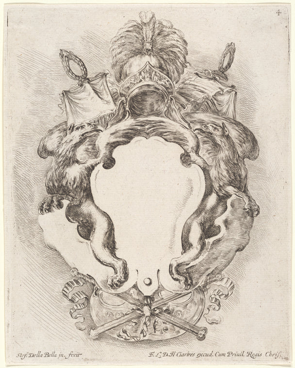 Cartouche contenant un écusson balnc flanqué de deux griffons
