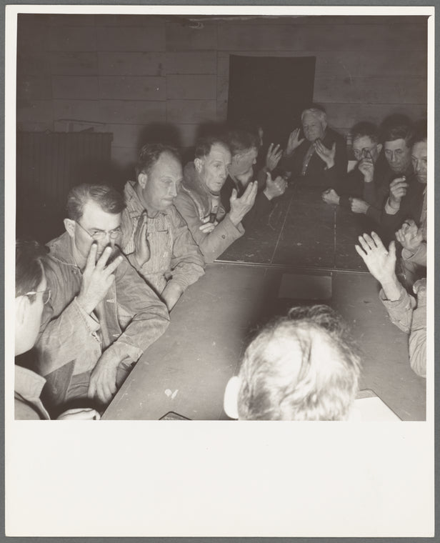 Farm Security Administration (FSA) camp for migratory agricultural workers. Meeting of the camp council. Farmersville, California